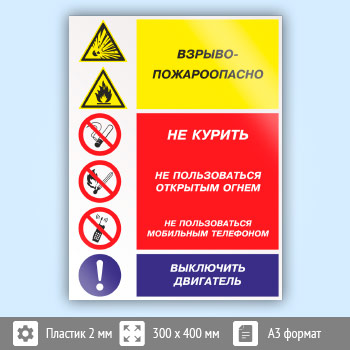 Знак «Взрывопожароопасно - не курить, не пользоваться открытым огнем, не пользоваться мобильным телефоном, выключить двигатель», КЗ-11 (пластик, 300х400 мм)